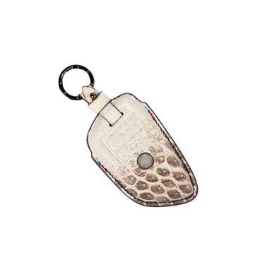 BMW G SERIES Natural Himalayan Crocodile Leather Car Key Fob Cover With Silver Ring + Stud Hardware, Front Side