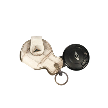 Mini Leather Car Key Fob Cover With Titanium Ring + Stud Hardware, Front View With Fob