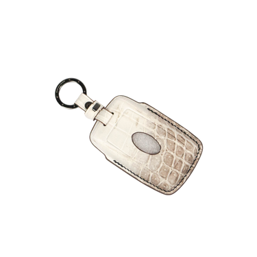 Land / Range Rover Natural Himalayan Crocodile Leather Car Key Fob Cover With Silver Ring + Stud Hardware, Logo Side