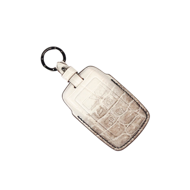 Land / Range Rover Natural Himalayan Crocodile Leather Car Key Fob Cover With Silver Ring + Stud Hardware, Button Side