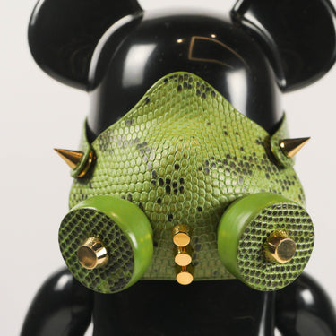 Green Lizard Masked Bear Figurine, Face Closeup