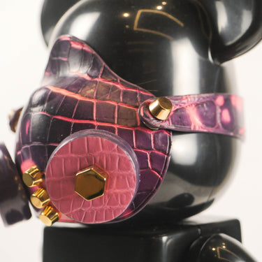 Tie-Dye Purple Crocodile Leather Masked Bear Figurine, Face Closeup Side View