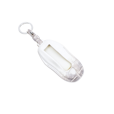 Classic Porsche (3 Button) Natural Himalayan Crocodile Leather Car Key Fob Cover With Silver Ring + Stud Hardware, Front View